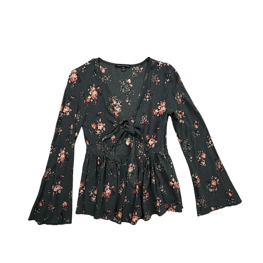American Eagle Top Women XS Dark Green Floral Peplum Tie Front Blouse Reversible